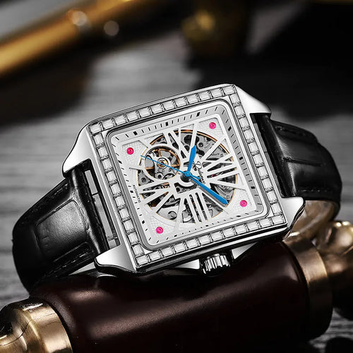 Men's square automatic watch with diamond-studded design on black leather strap