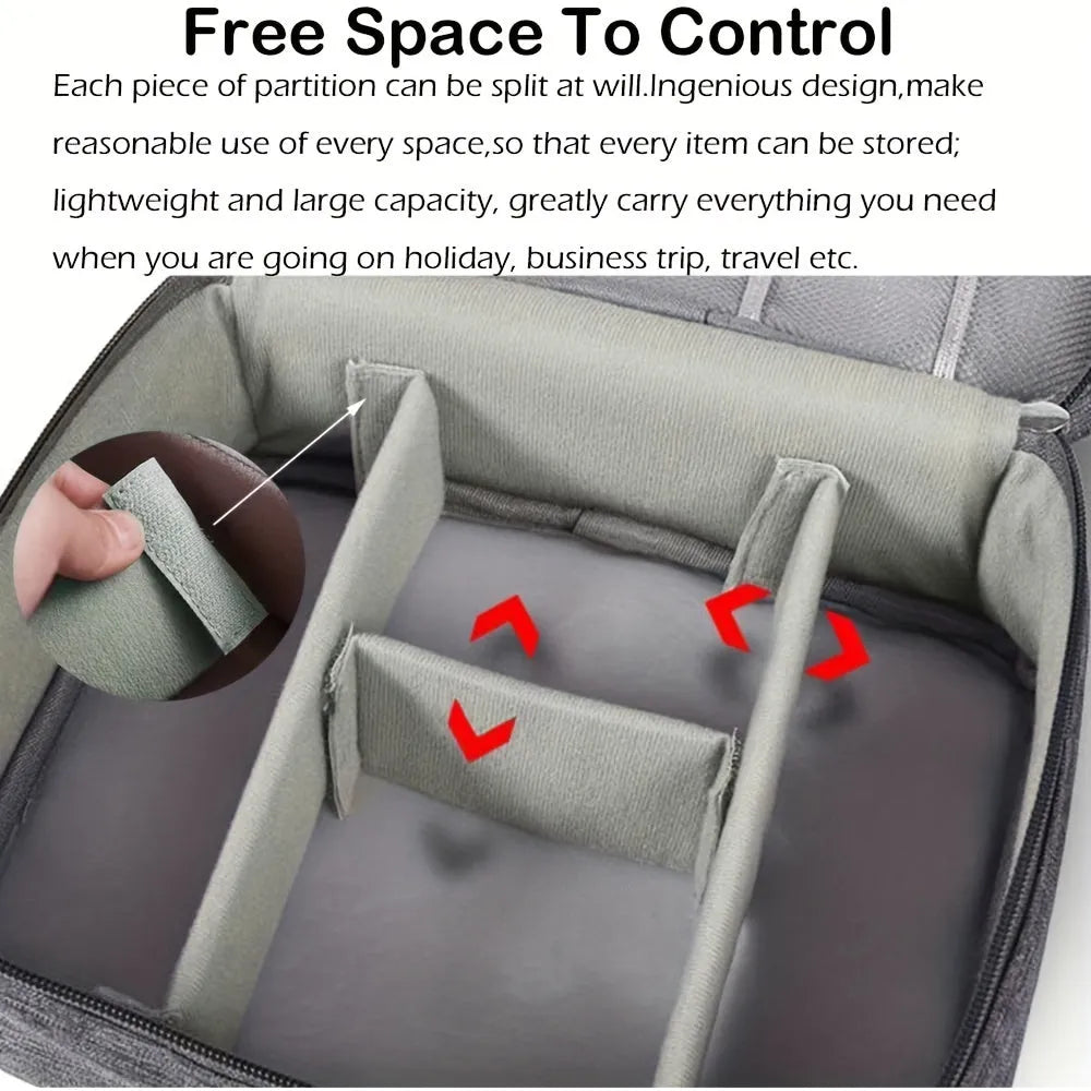 Black waterproof electronics organiser case open, showing mesh pockets, elastic loops, and removable padded dividers inside.