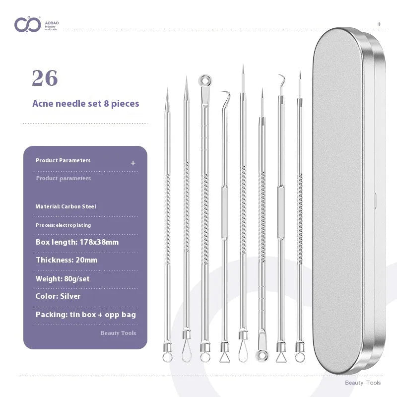 4-piece metal acne needle set with ultra fine pointed tips on silver background