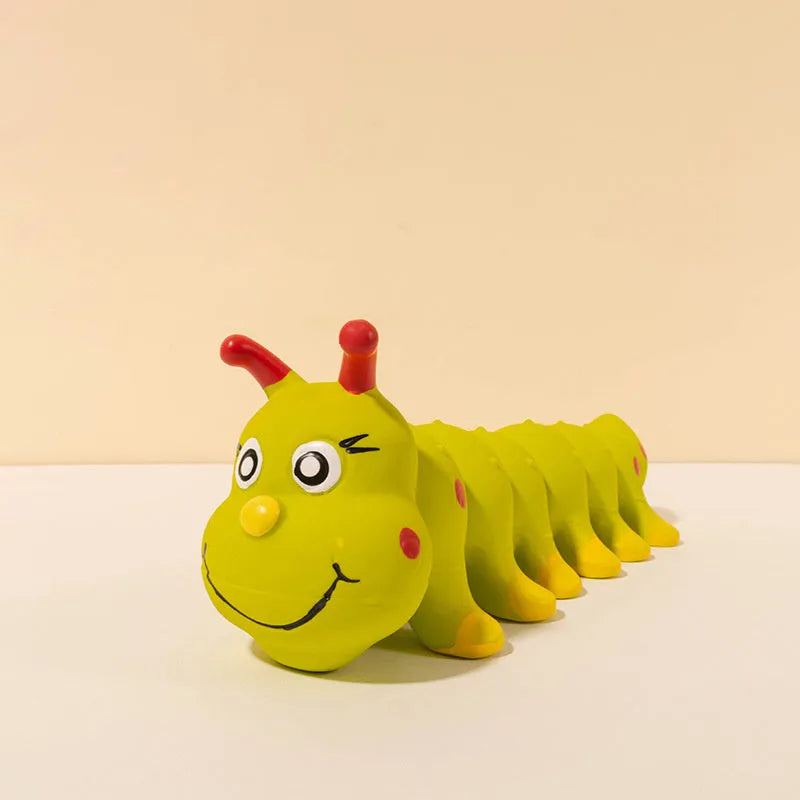 Yellow rubber caterpillar dog chew toy with squeaker for small medium breeds