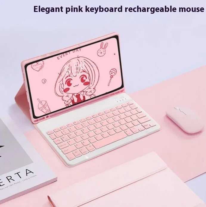 Samsung Galaxy tablet in a TPU keyboard case with a Bluetooth charging mouse, shown in Elegant Pink colour.