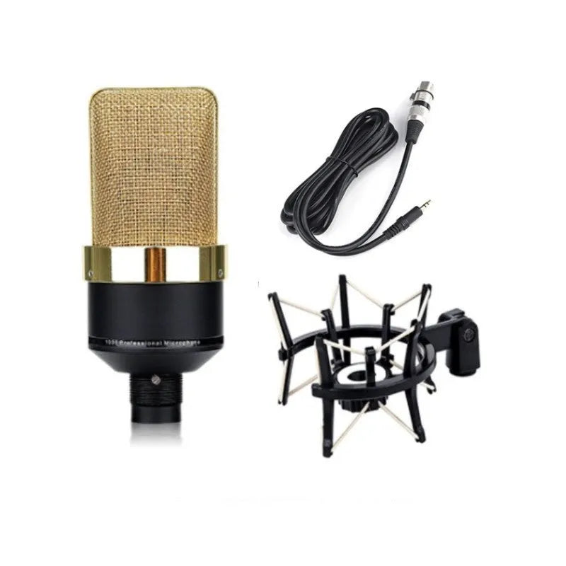 Wired condenser microphone in black gold or champagne gold with cardioid pattern and included stand