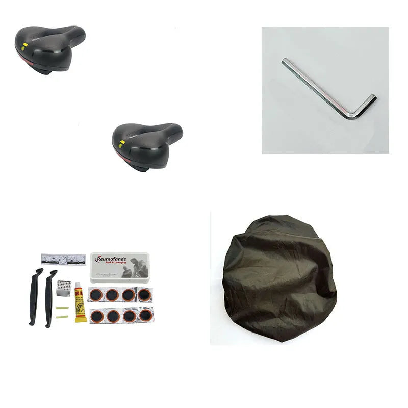 Bicycle saddle cushion with silicone gel insert, waterproof PU leather cover, steel bow frame, and included wrench and tire patch kit