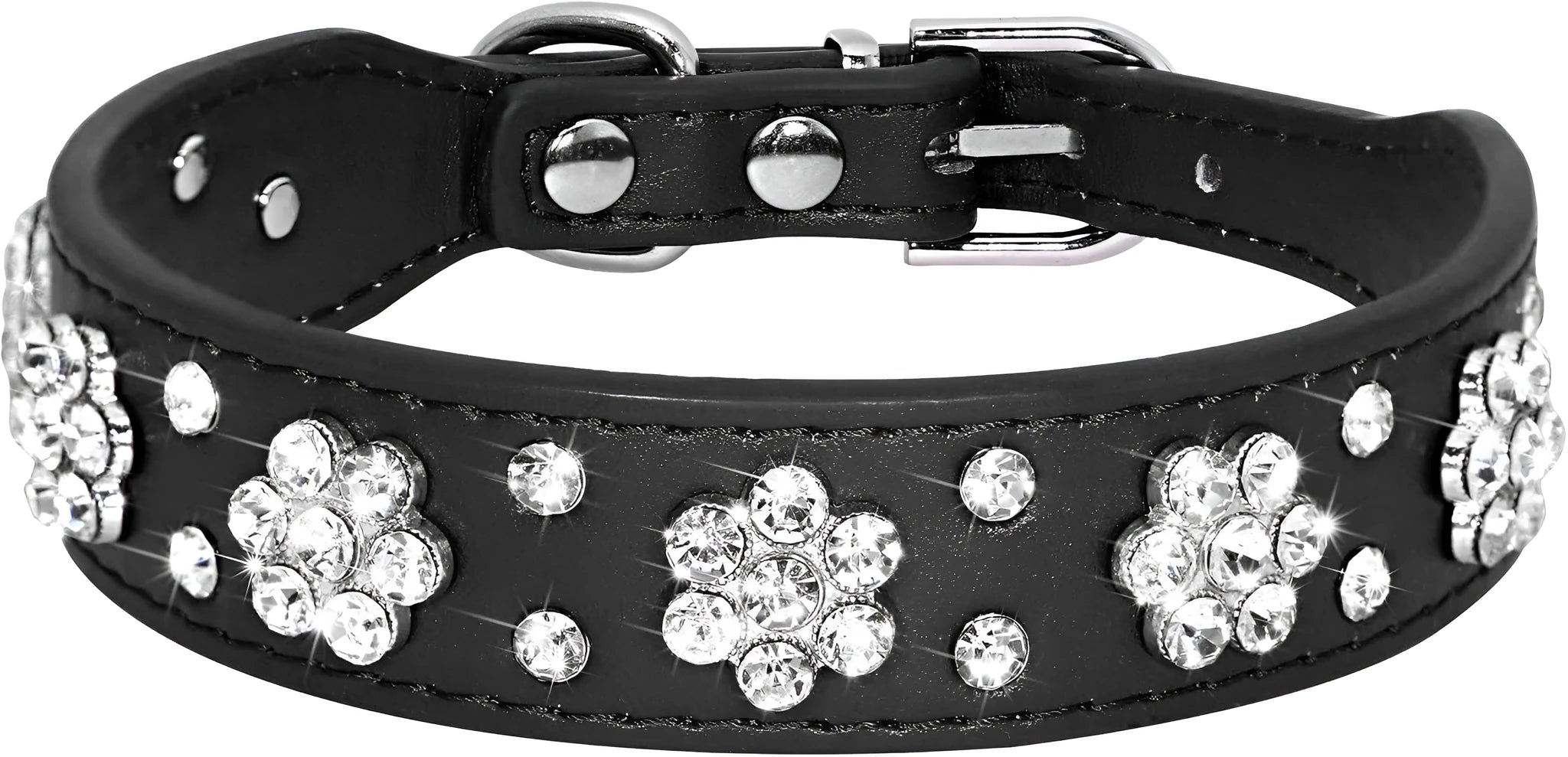 PU leather dog collar with rhinestone flower pattern and metal D-ring on a white background