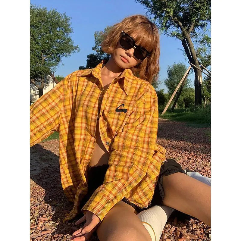 Dopamine yellow plaid loose cardigan shirt for men and women on hanger