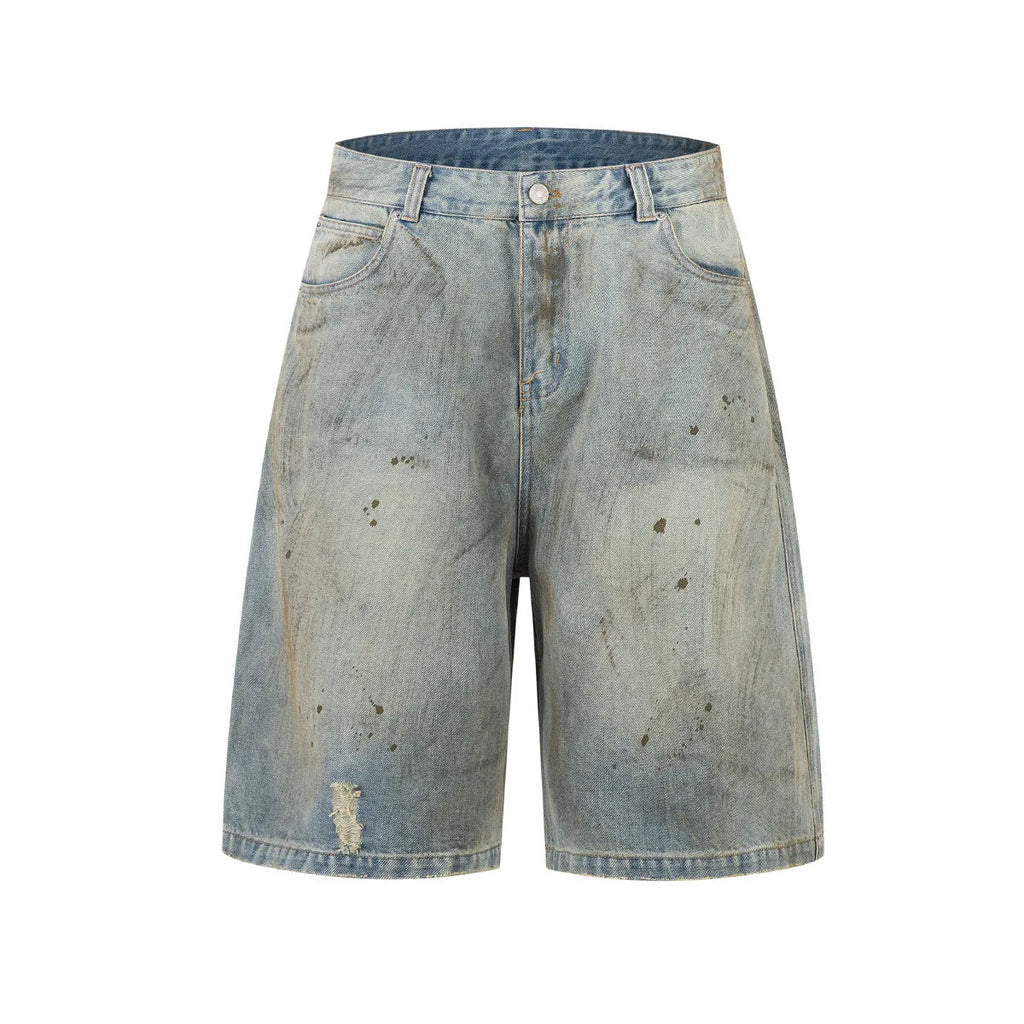 Washed blue straight-leg denim trousers with mid-length cut and zipper fly closure