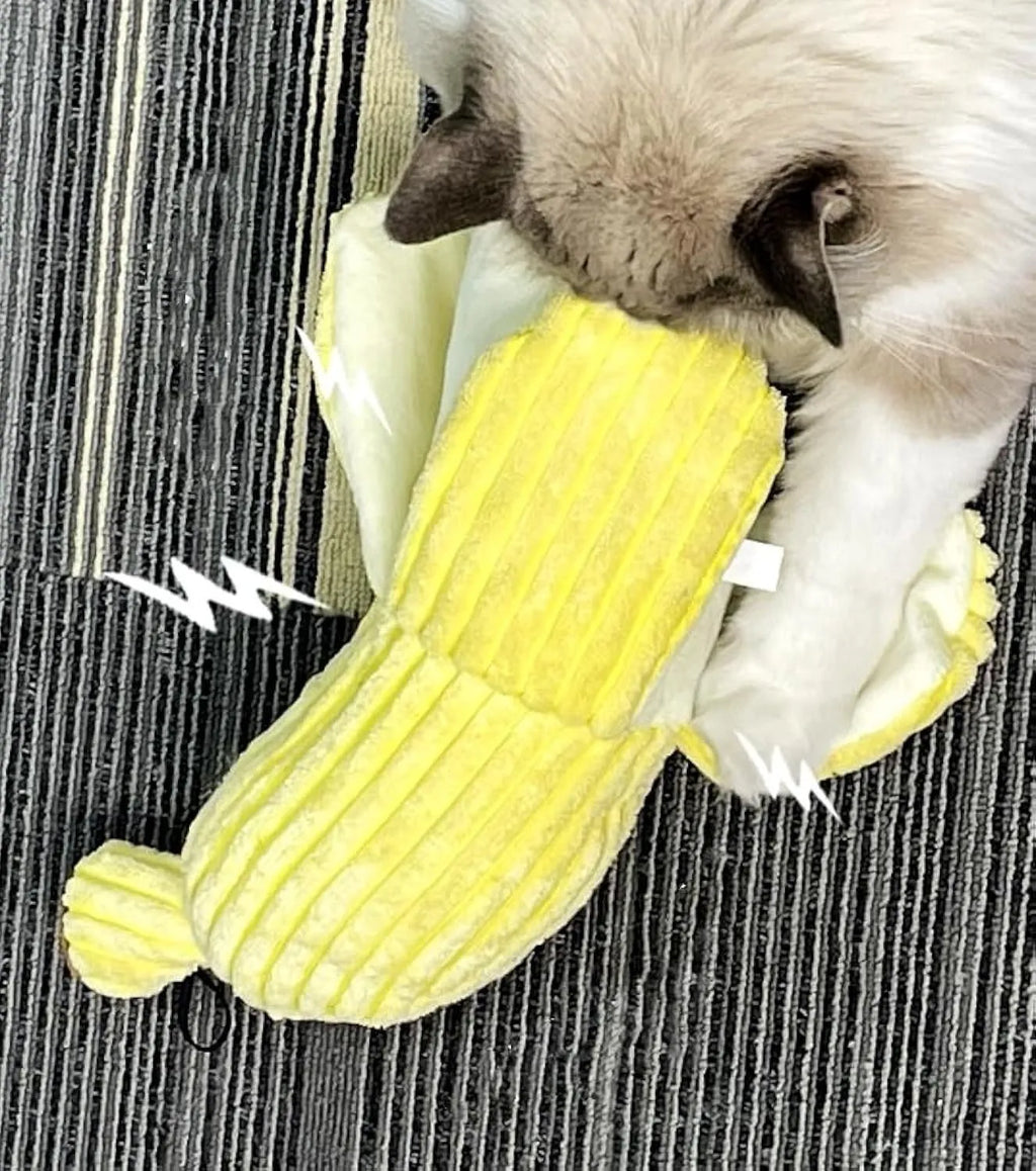 Yellow banana-shaped plush cat toy with crinkle sound and catnip filling