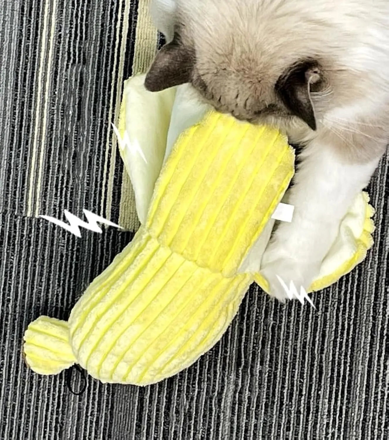 Yellow banana-shaped plush cat toy with crinkle sound and catnip filling