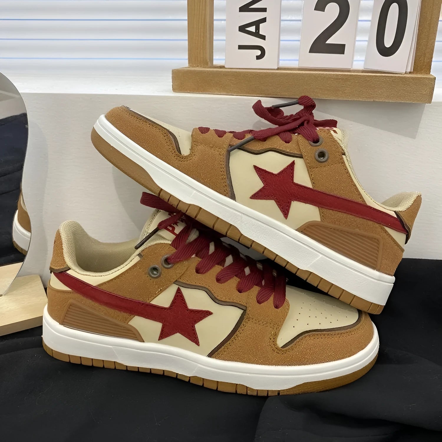 Brown women's platform sneakers with sequins and lace-up closure