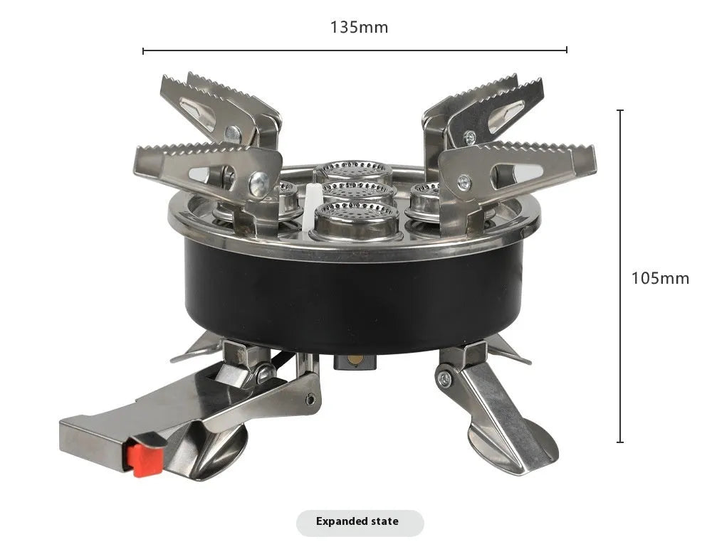 Silver folding stainless steel split camping stove with copper fittings and extended hose