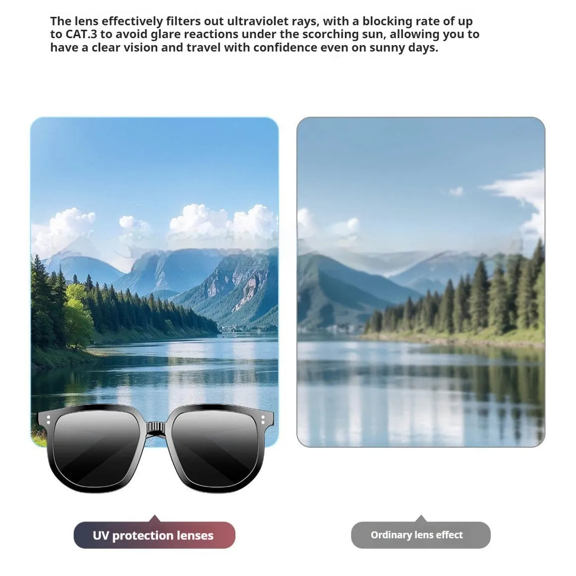 Black AI smart glasses with Bluetooth audio and touch control features