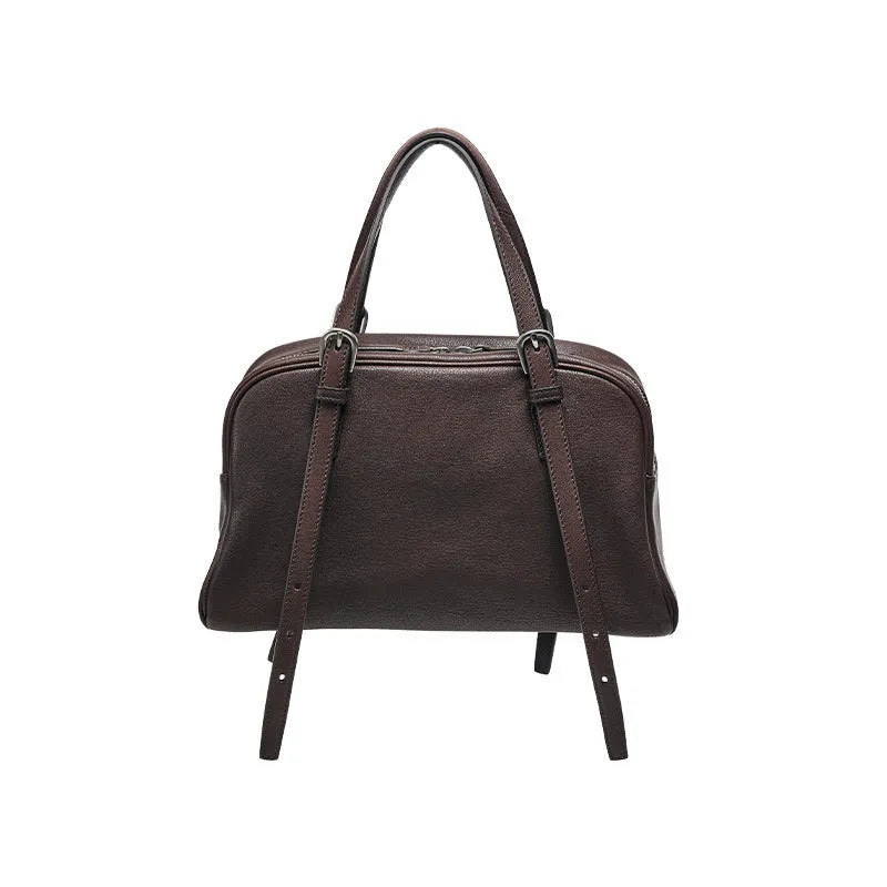 Women's genuine leather retro shoulder bag in horizontal square shape with double straps