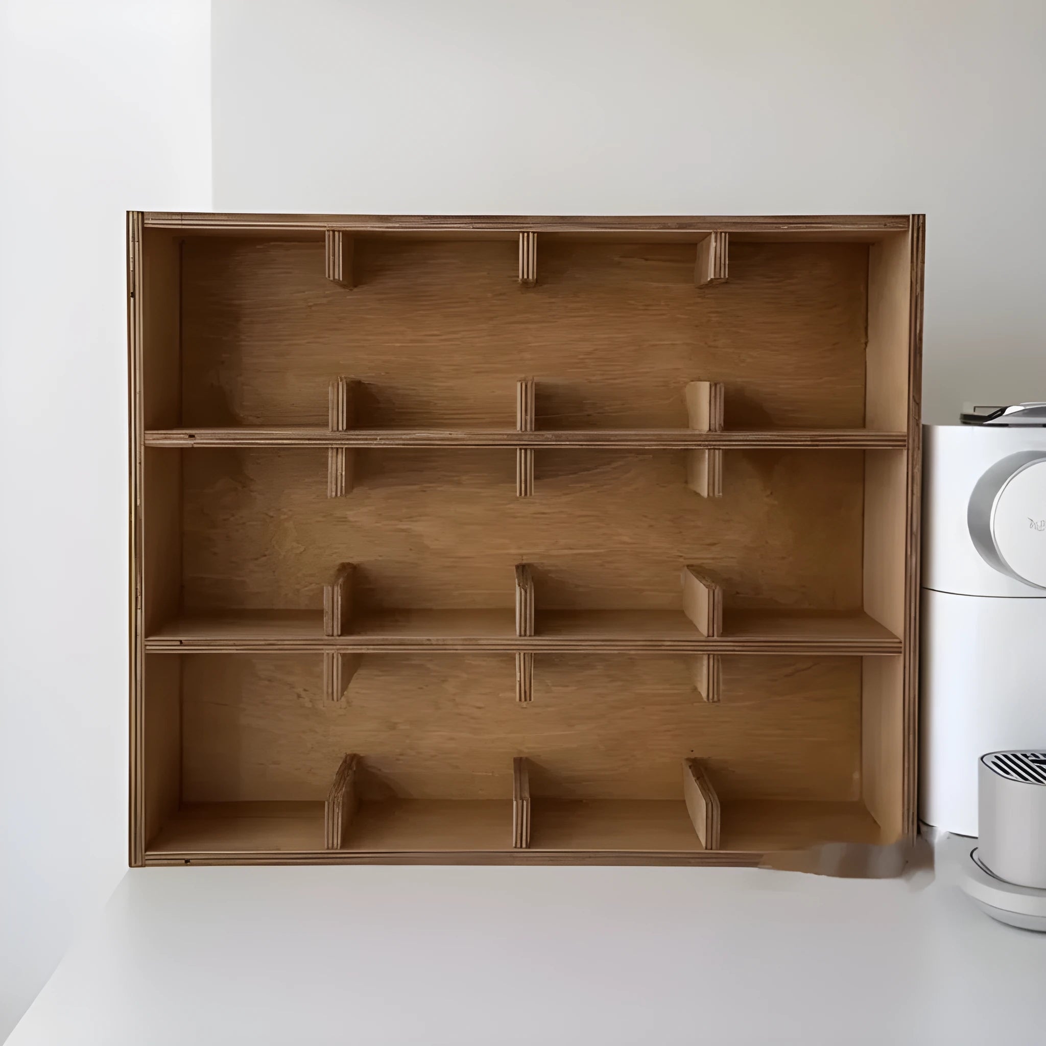 Square solid wood storage rack with multiple grid compartments for cups in a birch wood finish.