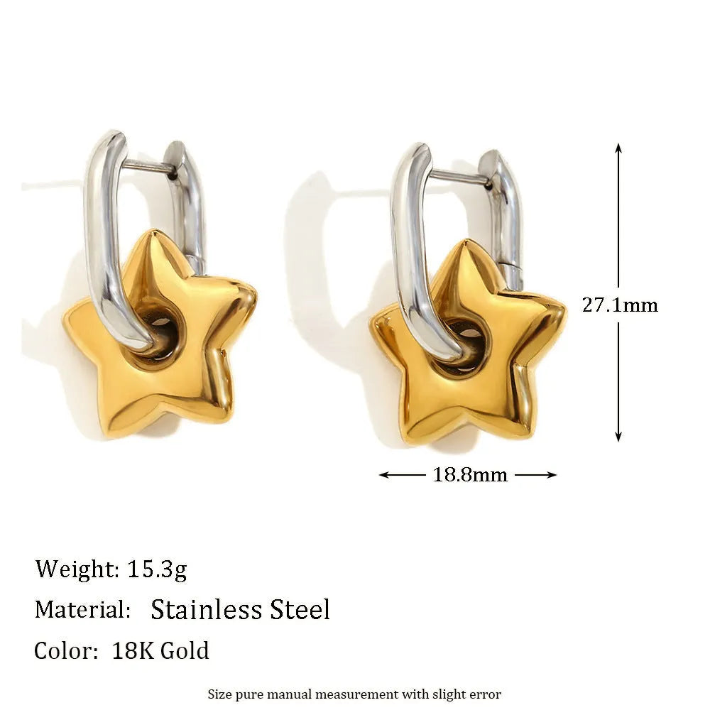 Gold electroplated stainless steel jewellery set comprising geometric earrings, bracelet and necklace.