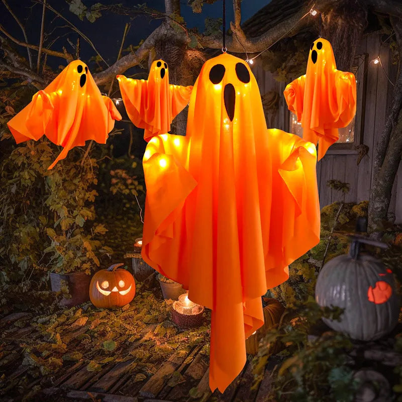 White and orange cloth ghost scream LED Halloween light ornament with 4.5V battery compartment.