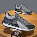Men's green and grey mesh running shoes with lace-up front and round toe