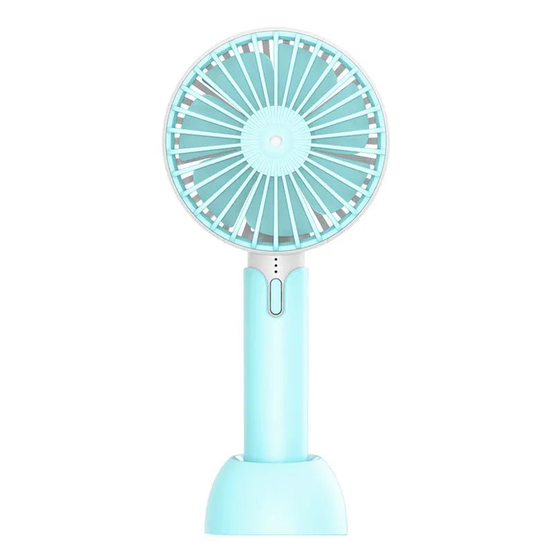 Blue portable USB handheld desktop fan with three-speed control and figure-8 oscillation