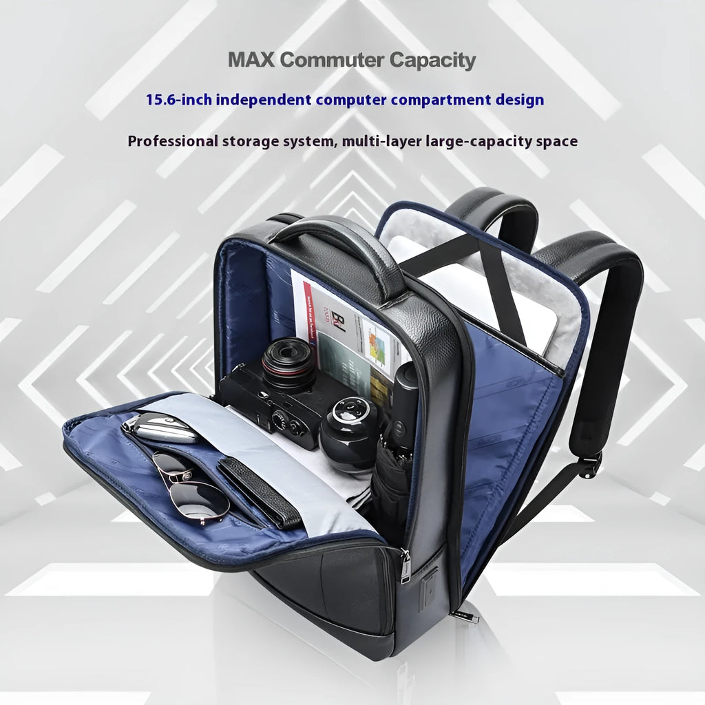 Black cowhide leather business backpack with USB interface and curved shoulder straps