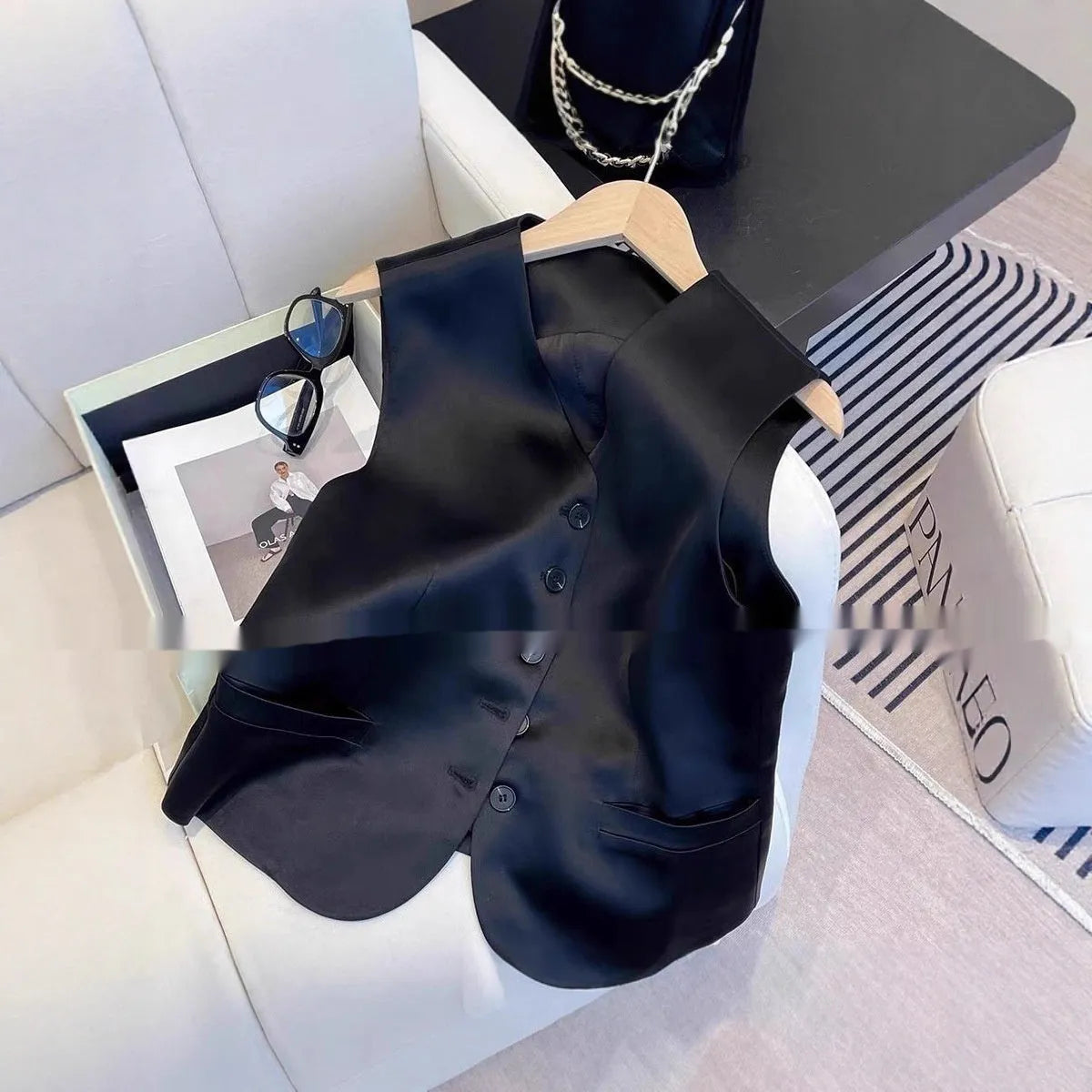 Black satin ladies sleeveless vest with loose fit and normal length for casual all-matching outfits