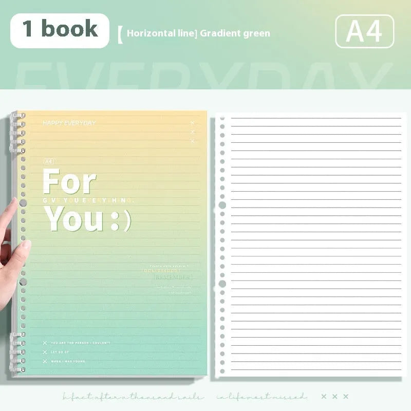 A4 and B5 removable coil notebooks with gradient coloured PP covers in green, blue, pink, and purple.