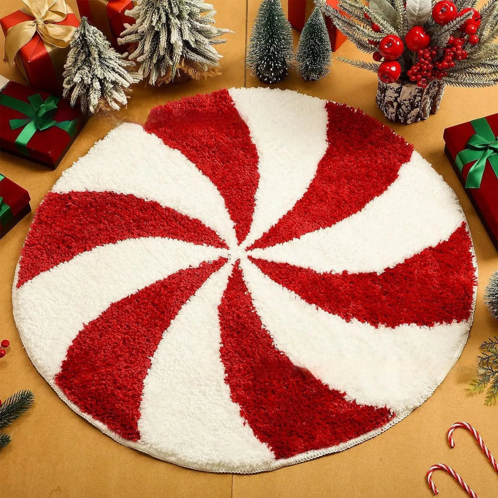Round Christmas-themed carpet on floor, showing one of ten printed holiday blanket designs.