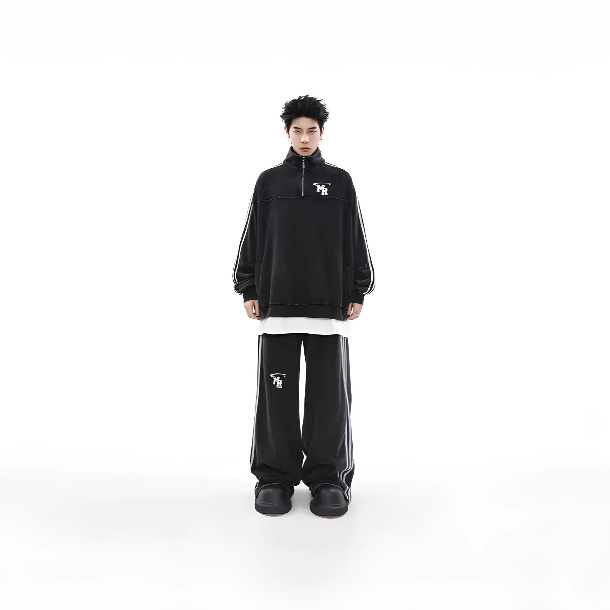 Black Hong Kong style stand collar sports hoodie with long sleeves