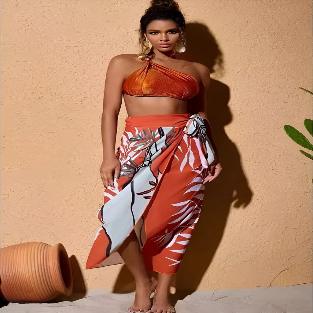 Women's high-waisted push-up swimsuit with brown chiffon dress cover-up showing split skirt design