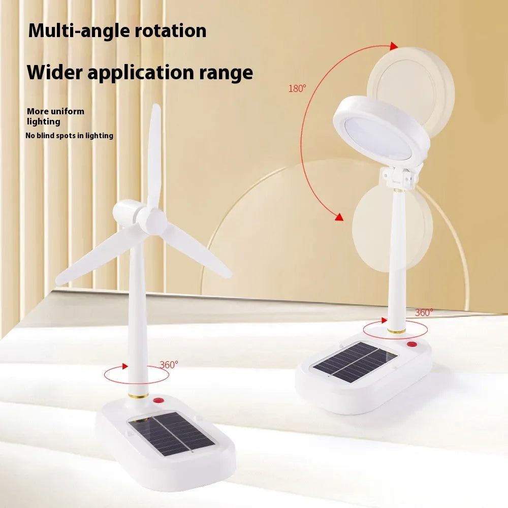 Ivory white solar-powered desk fan and LED study lamp with USB charging port.
