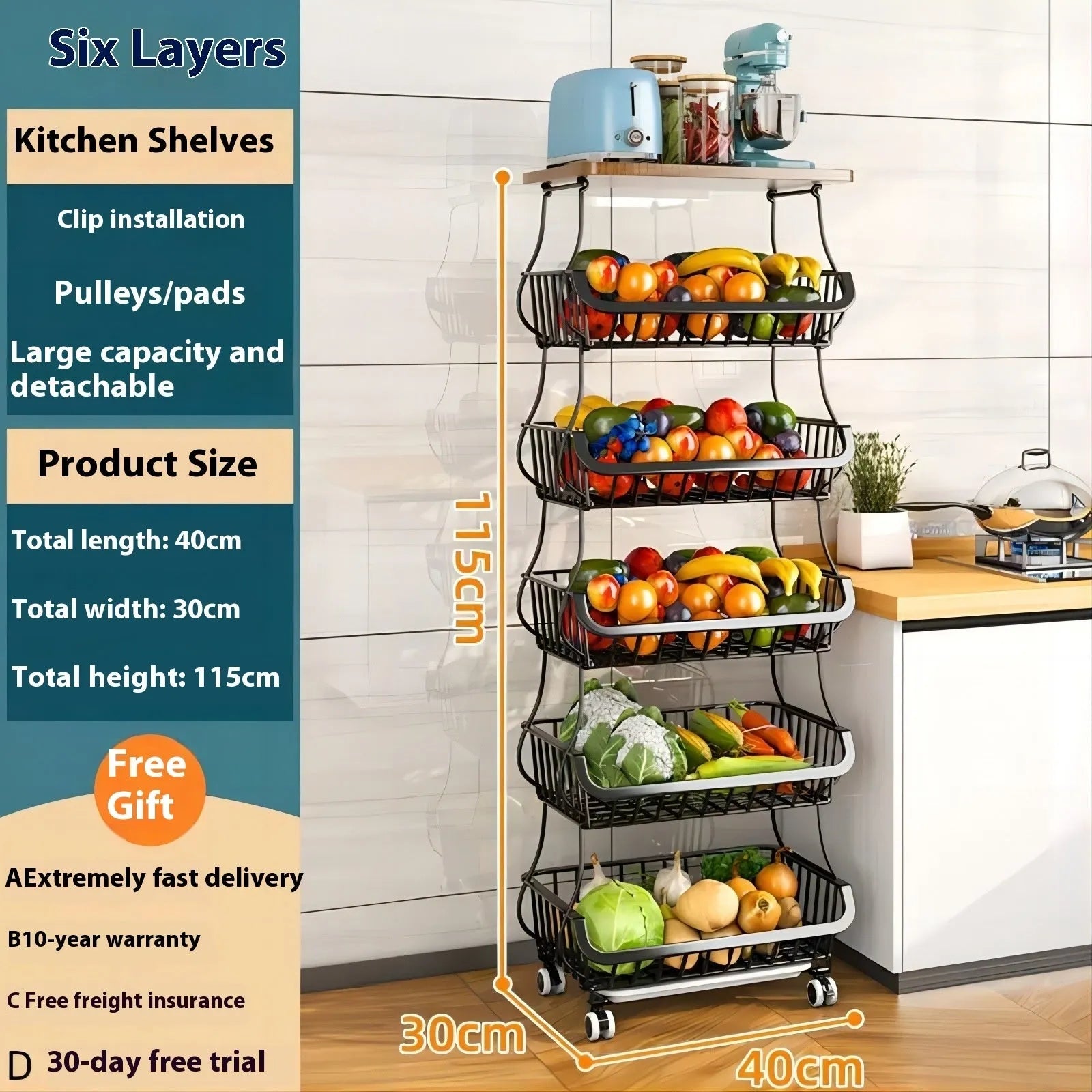 Black six layer kitchen storage trolley with foldable carbon steel frame and modern design