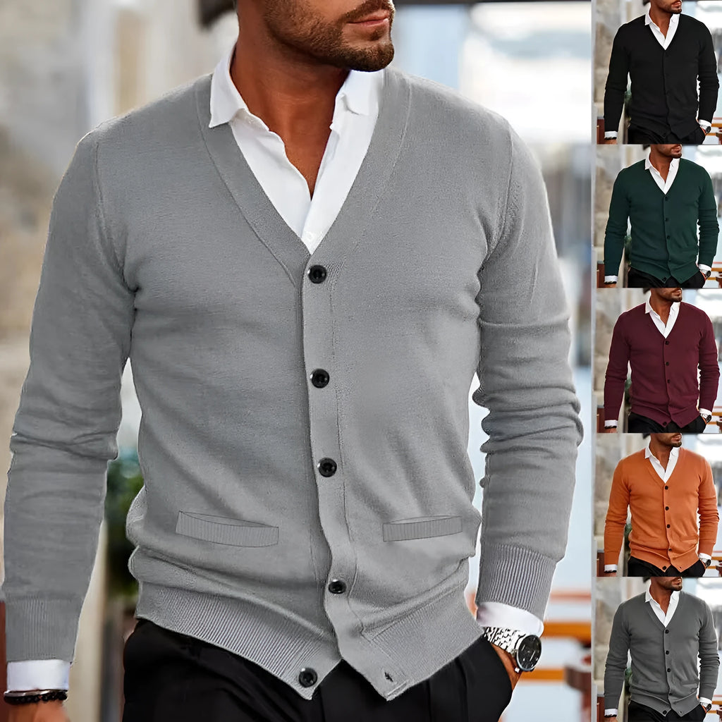 Men's slim fit acrylic cardigan sweater in wine red colour on hanger