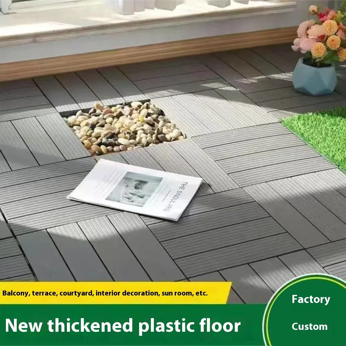A pack of 10 square wood grain plastic floor tiles showing non-slip surface texture.