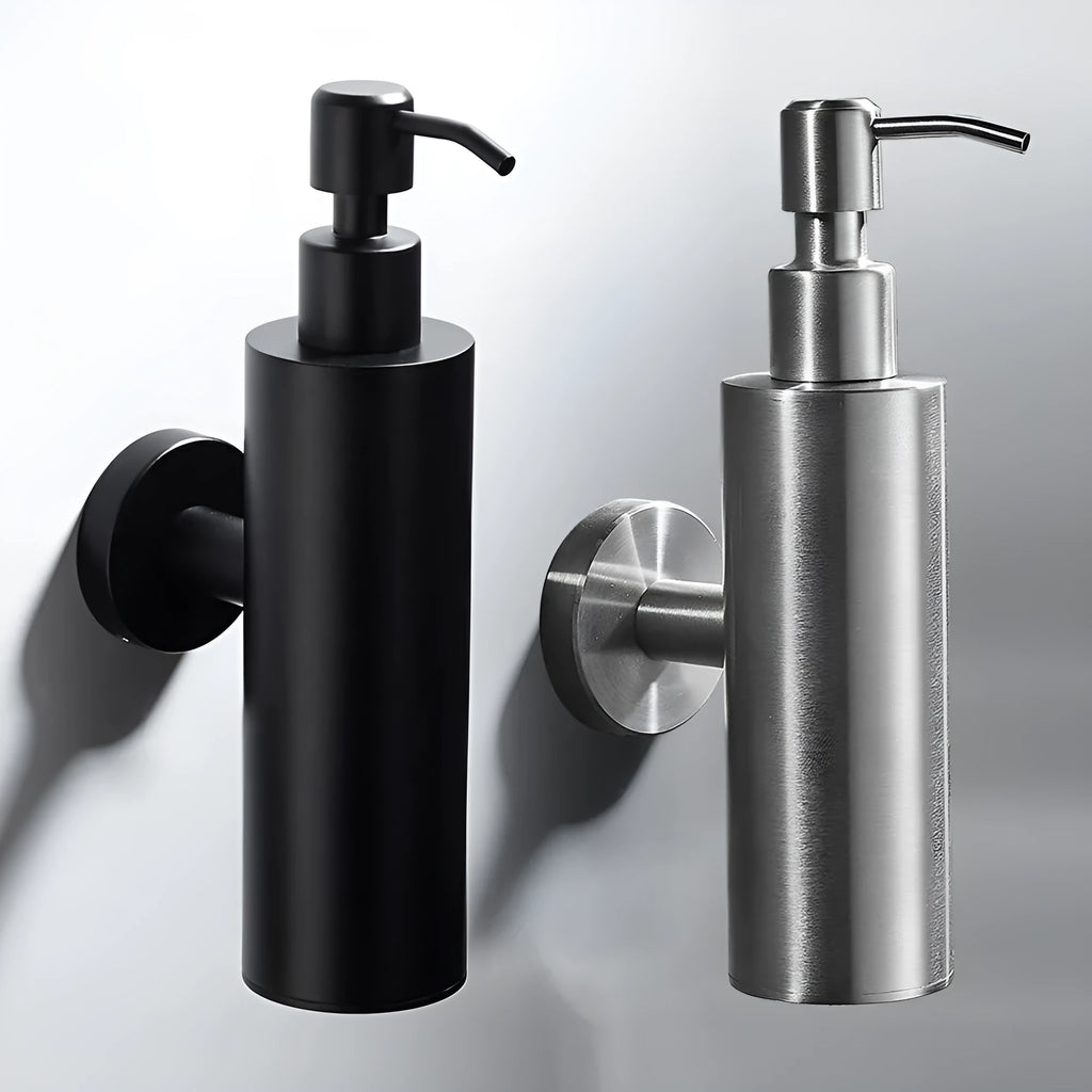 Stainless steel wall-mounted manual soap dispenser in brushed, mirror, or black finish