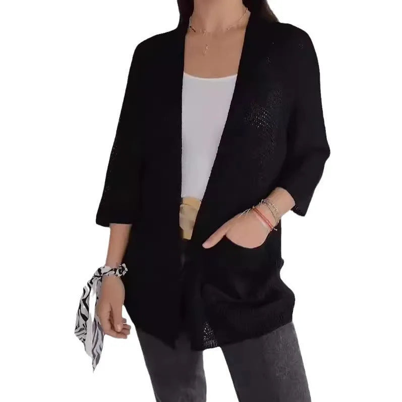 Women's waffle knit cardigan coat in army green with nine-quarter sleeves and pockets