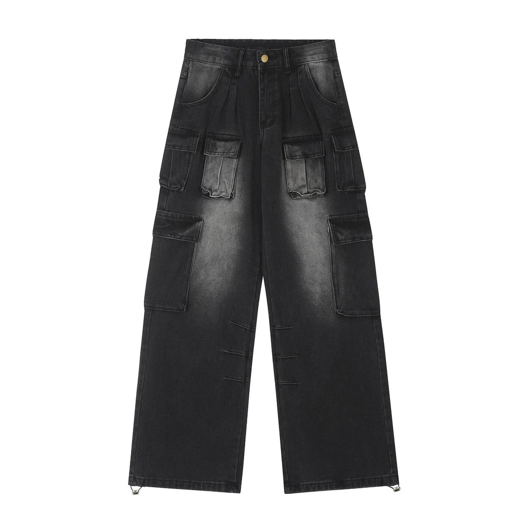 Loose straight-leg denim jeans with multiple pockets and distressed finish in light blue colour