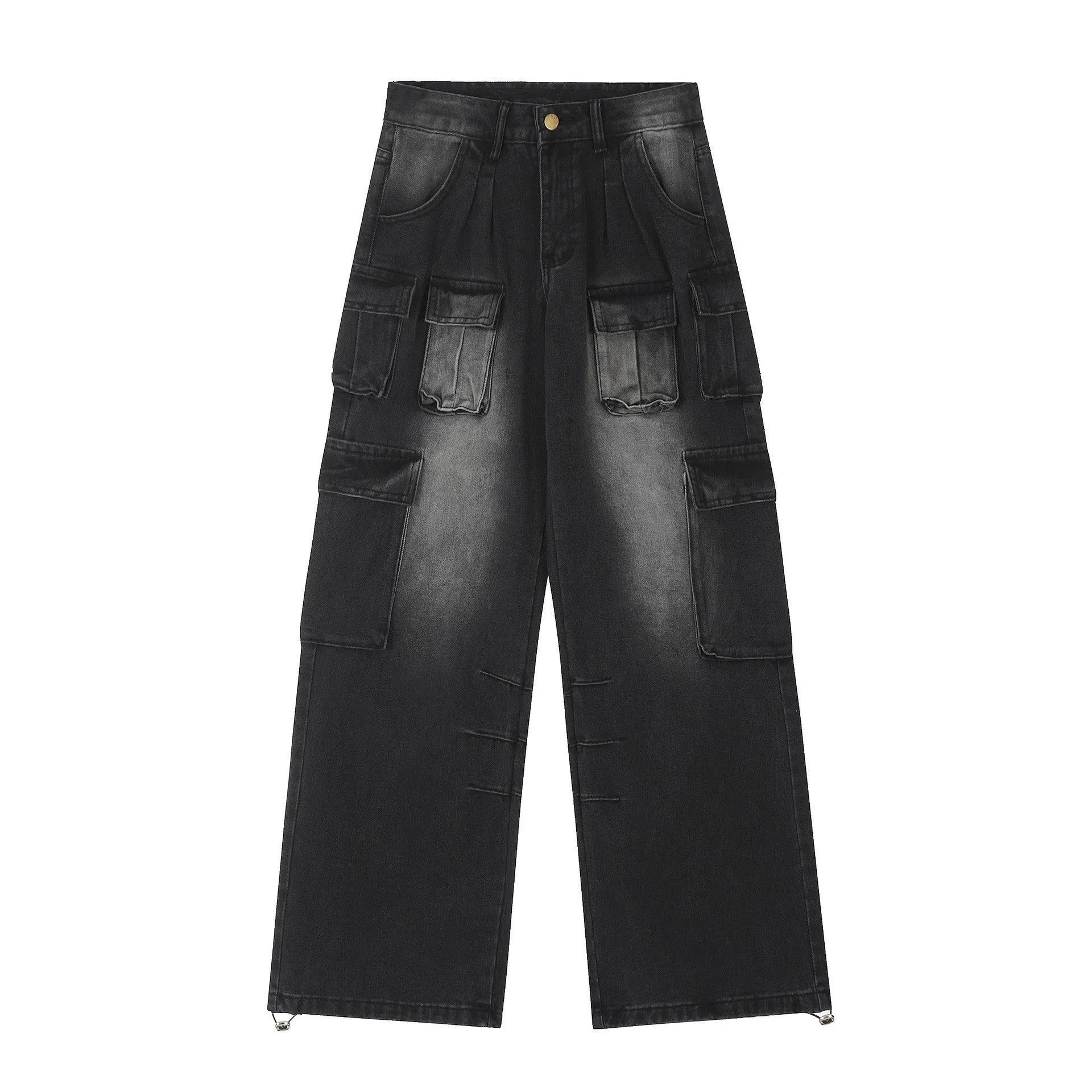 Loose straight-leg denim jeans with multiple pockets and distressed finish in light blue colour
