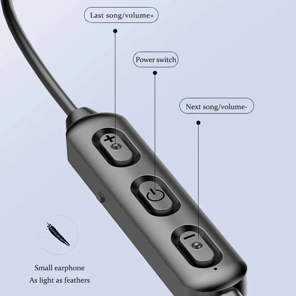 Black neck-mounted wireless sports earphones with custom logo printing area shown