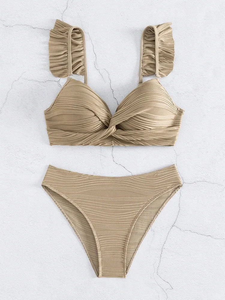 Women's solid colour polyester bikini swimsuit in black or khaki options with two-piece design
