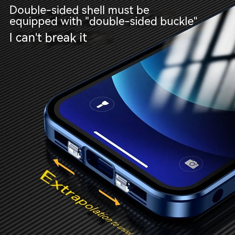 Glass back iPhone privacy case with double-sided buckle, shown in silver colour.