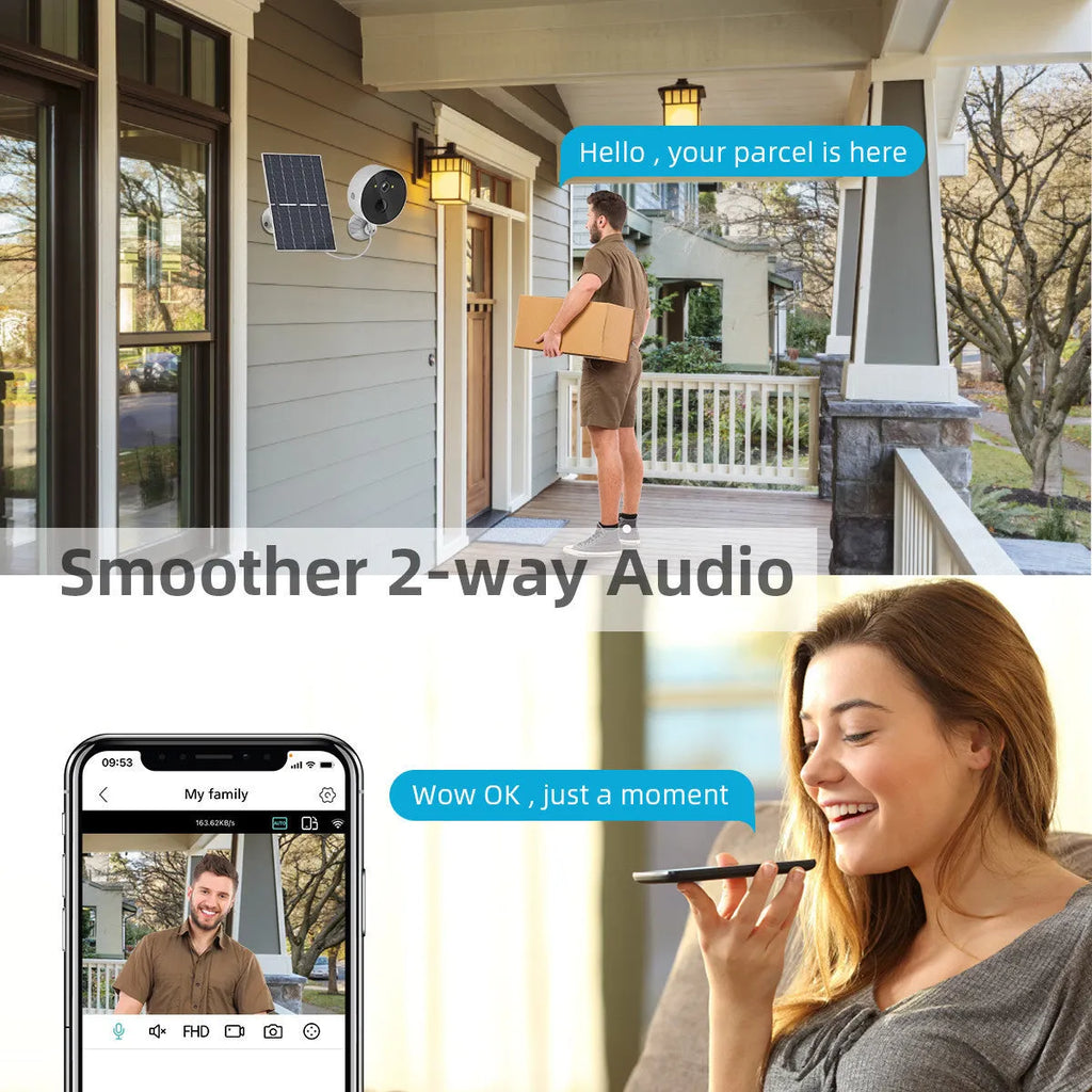 Solar powered outdoor security camera with 1080P resolution and included solar panel for continuous charging