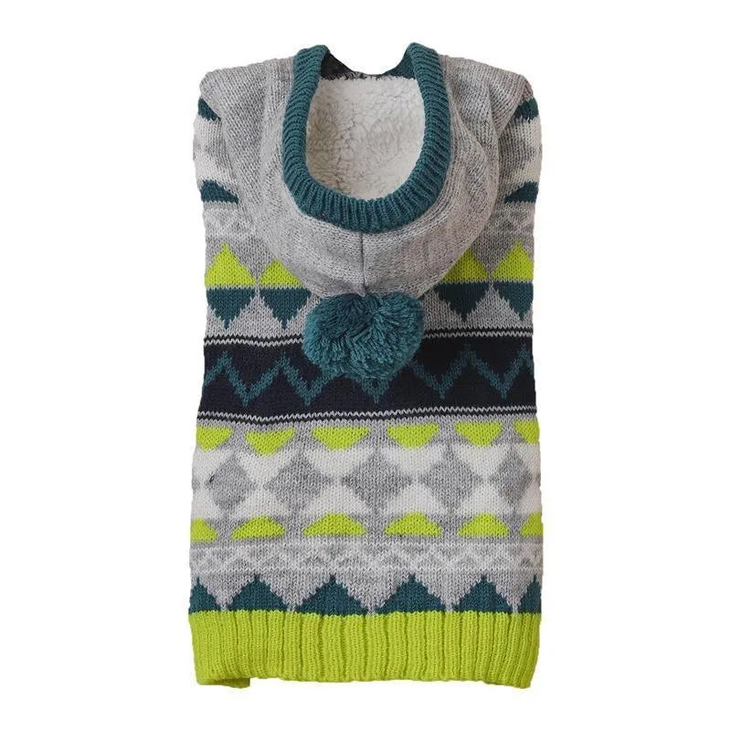Classic diamond pattern pet sweater on small dog showing knit texture and colour options