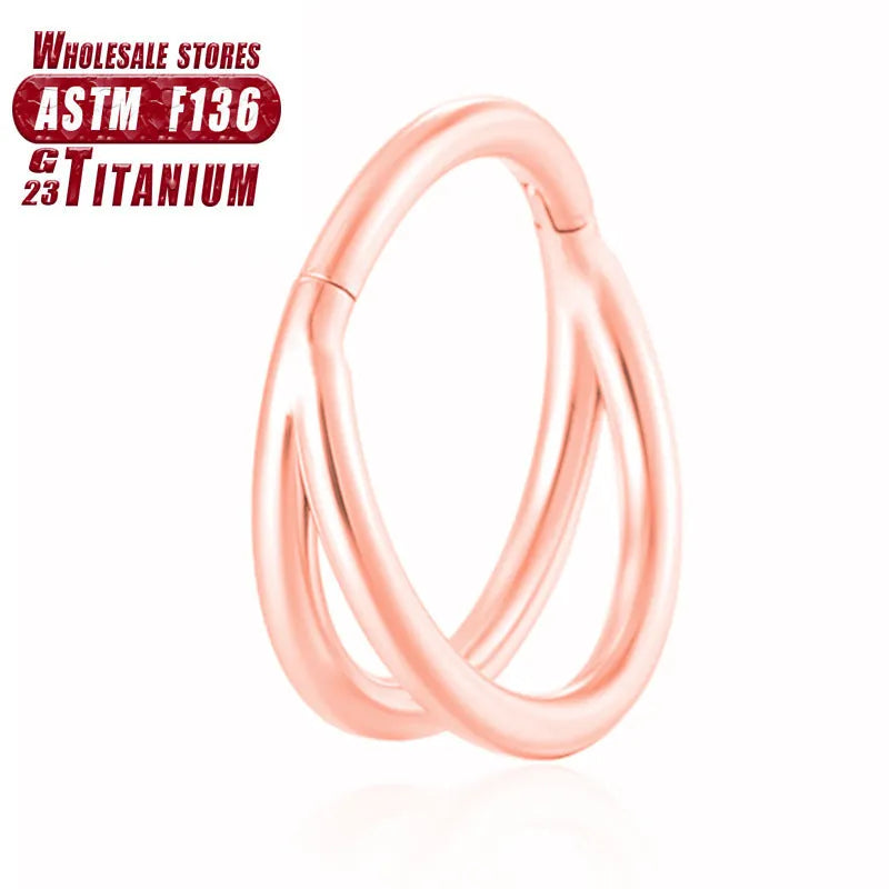 Titanium alloy L-shaped fork nose ring in silver, gold, black, rose gold and colourful finishes on a white background.