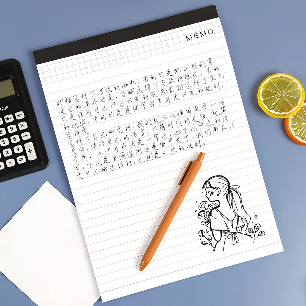 A4 tearable note pad with wireless adhesive binding showing grid and lined format options