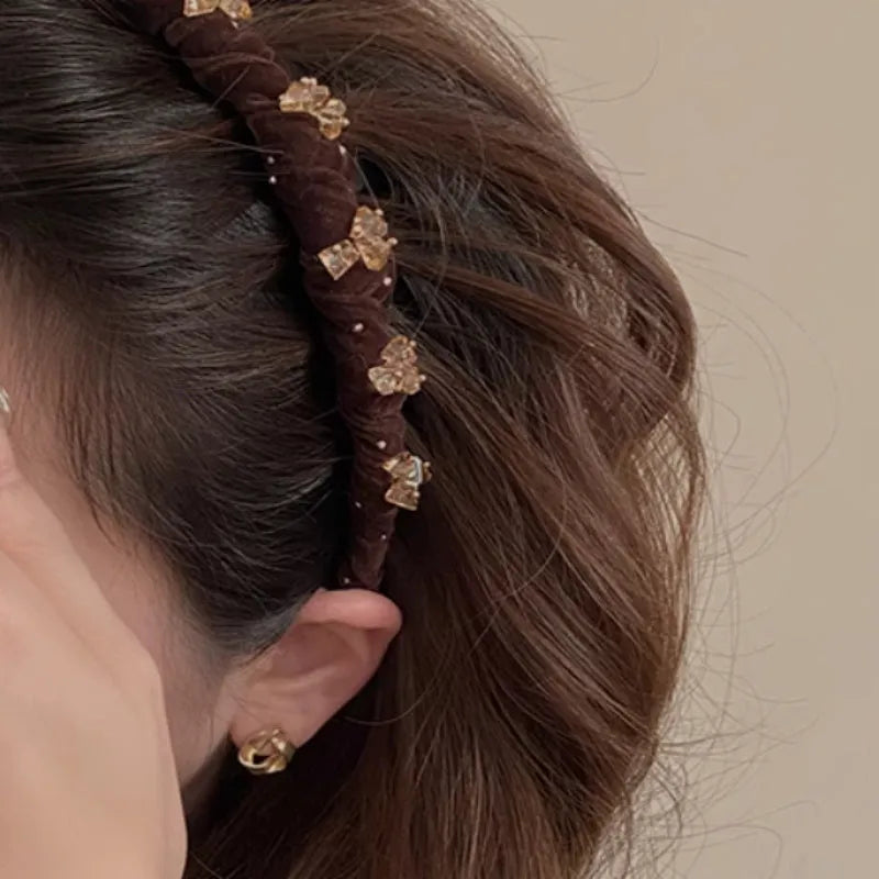 French velvet hairband with crystal embellishments in red, black and coffee colours