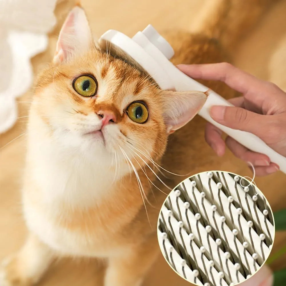 Blue self-cleaning cat and dog grooming brush with rubber handle on a white background.