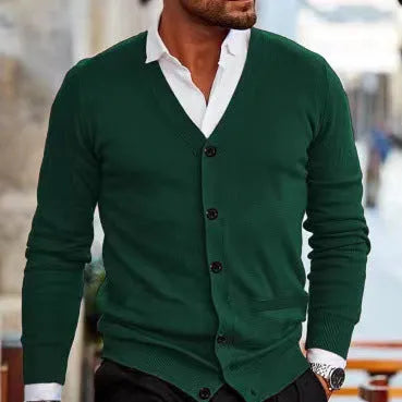 Men's slim fit acrylic cardigan sweater in wine red colour on hanger