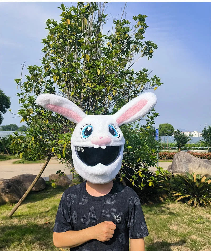 White long-eared rabbit head plush helmet cover for electric motorcycle helmets