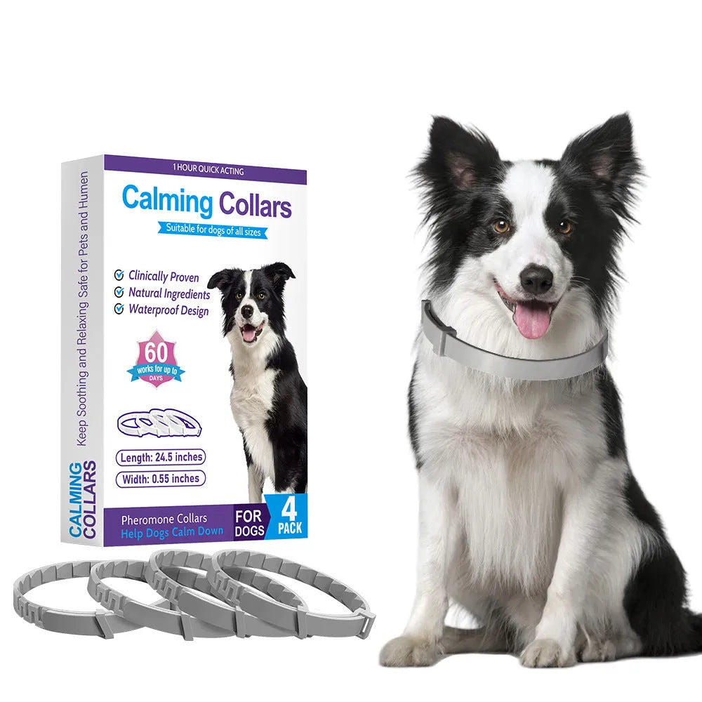 Four monochrome dog anxiety relief collars in assorted colours with TPR material and 62cm length