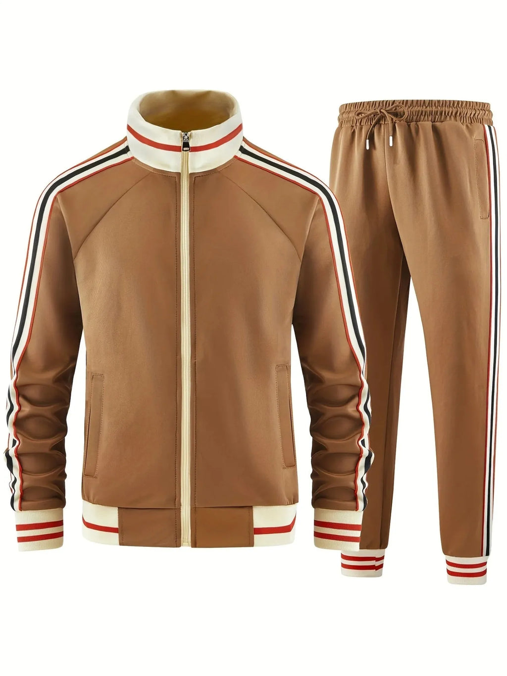 Khaki coloured street style polyester cardigan and trousers leisure suit set on a hanger.