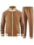 Khaki coloured street style polyester cardigan and trousers leisure suit set on a hanger.