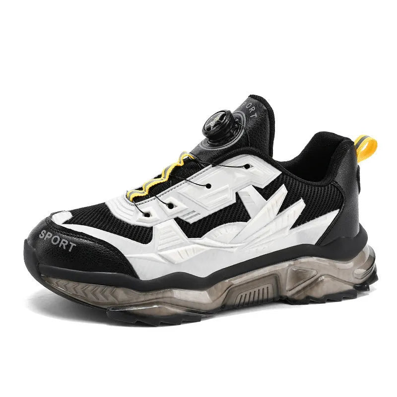 Men's black casual shoes with rotating button fastening and elevator platform soles